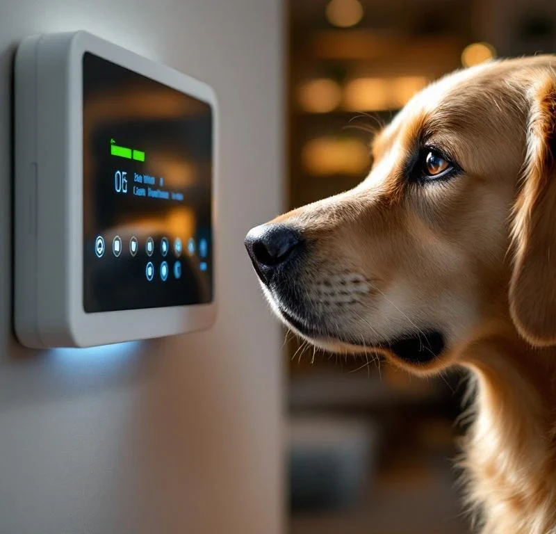 Gouden retriever benadert witte beveiligingspaneel met blauwe LED-indicatoren aan muur in moderne woonkamer