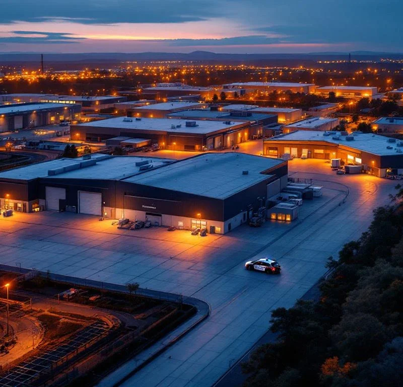 Luchtfoto van industrieel complex bij schemering met Marshall Security patrouillewagen en beveiligingscamera's