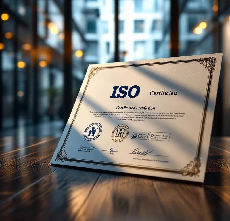 ISO-certificatiedocument met officiële zegels op donkere houten bureau, modern kantoorgebouw met beveiligingssystemen op achtergrond