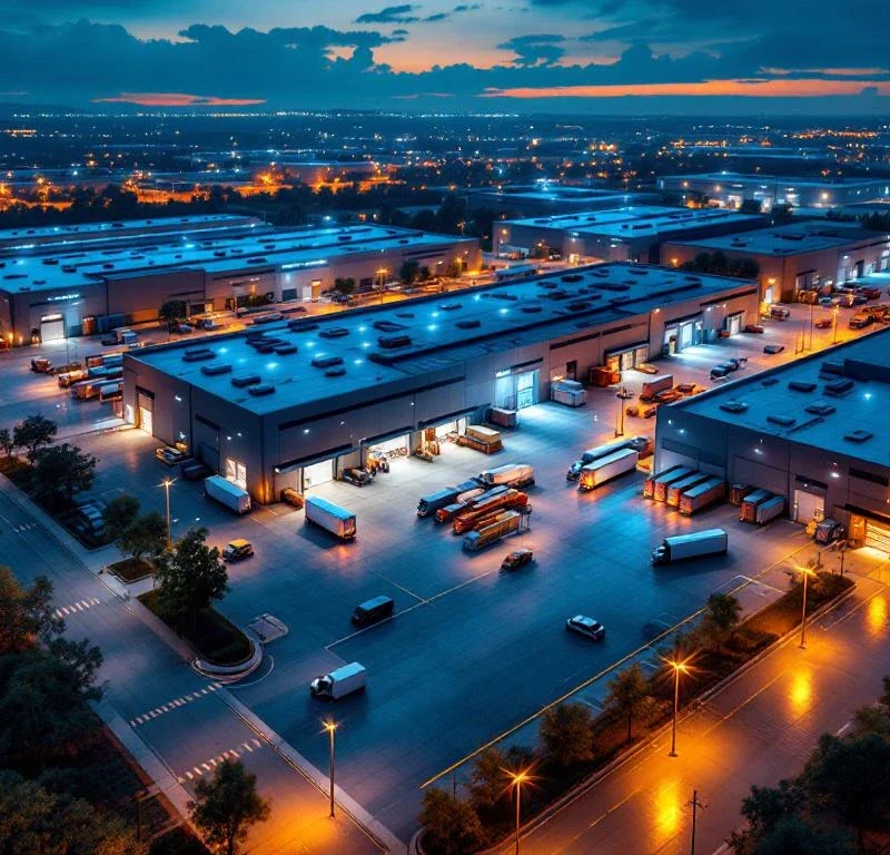 Luchtfoto van modern logistiek magazijncomplex bij schemering met beveiligingscamera's, LED-verlichting en toegangspoorten