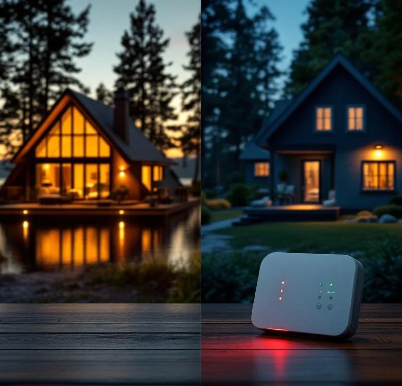 Luxe vakantiehuizen met beveiligingssysteem: moderne lakeside cabin bij zonsondergang en 's nachts met alarm, beveiligingsapparaat op voorgrond