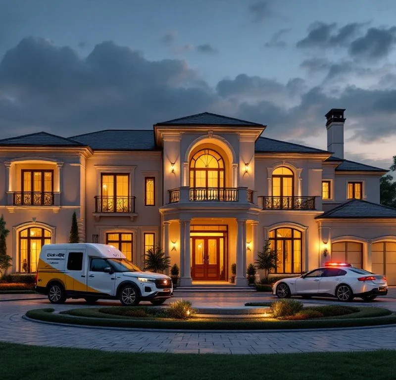 Luxe villa bij schemering met beveiligingscamera's, verlichting en bewakingsvoertuig in oprijlaan