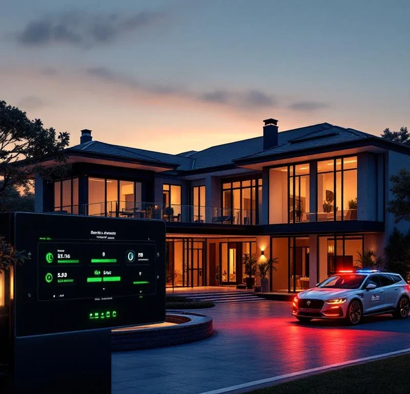 Luxe villa bij schemering met moderne beveiligingssystemen, verlichte ramen en beveiligingsvoertuig in oprit