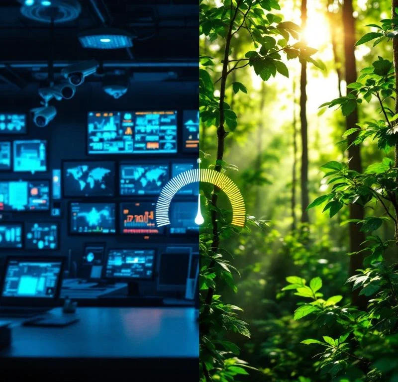 Gesplitst scherm toont moderne beveiligingscontrolekamer met blauwe monitors links en groene bos met zonlicht rechts, verbonden door energiemeter