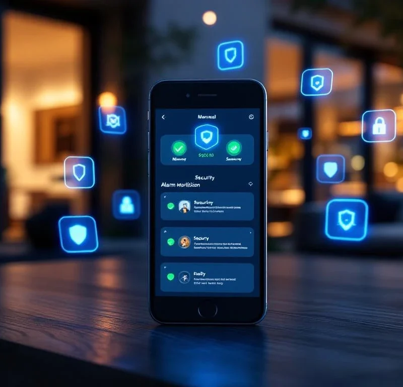 Smartphone met beveiligingsapp en groene vinkjes op donker hout, omringd door blauwe meldingen voor thuisbeveiliging