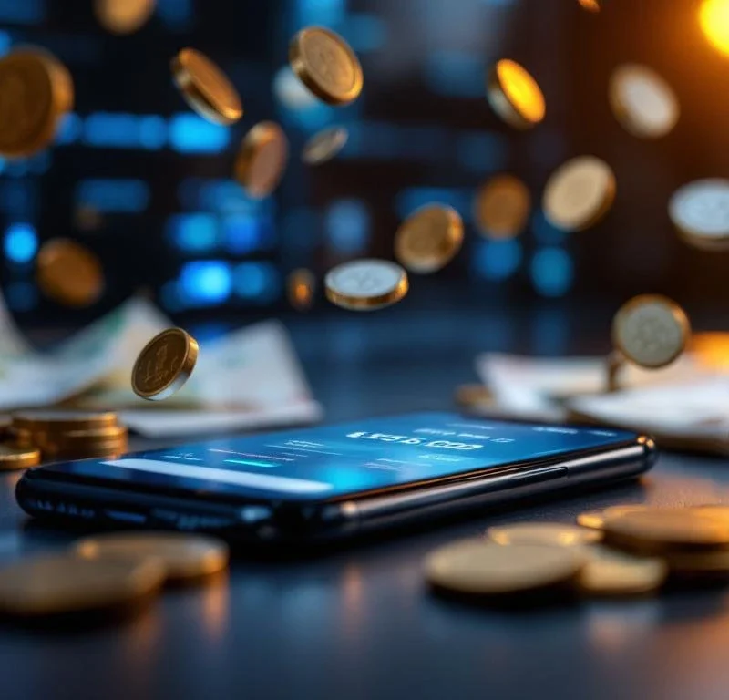 Smartphone met beveiligingsapp en kostencalculaties omringd door euro munten en bankbiljetten op donkere ondergrond