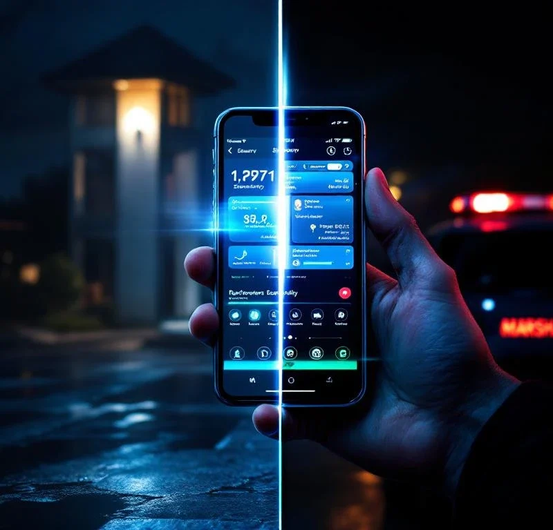 Smartphone met beveiligingsapp naast traditionele bewakingstoren, Marshall Security voertuig op achtergrond