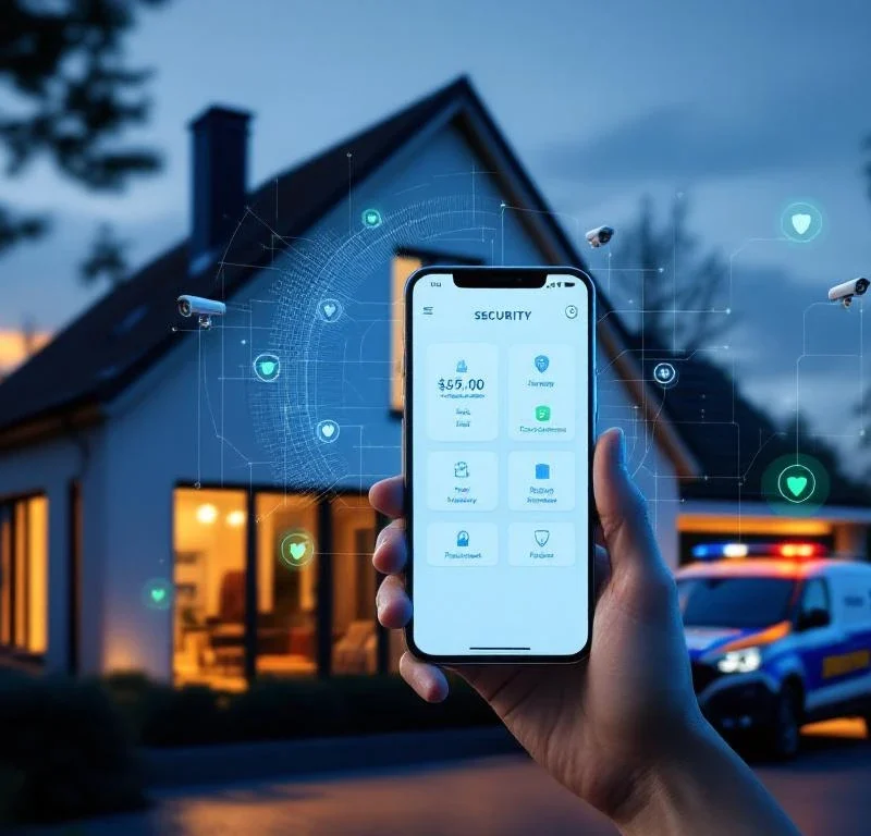 Modern Nederlands huis met beveiligingscamera's en smartphone app tijdens gouden uur, Marshall Security voertuig zichtbaar