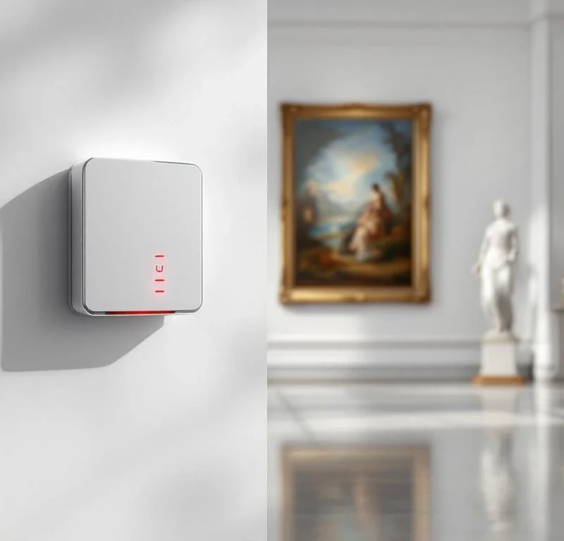 Moderne beveiligingssensor met rode LED-indicatoren bewaakt schilderijen en sculpturen in elegante museumgalerij