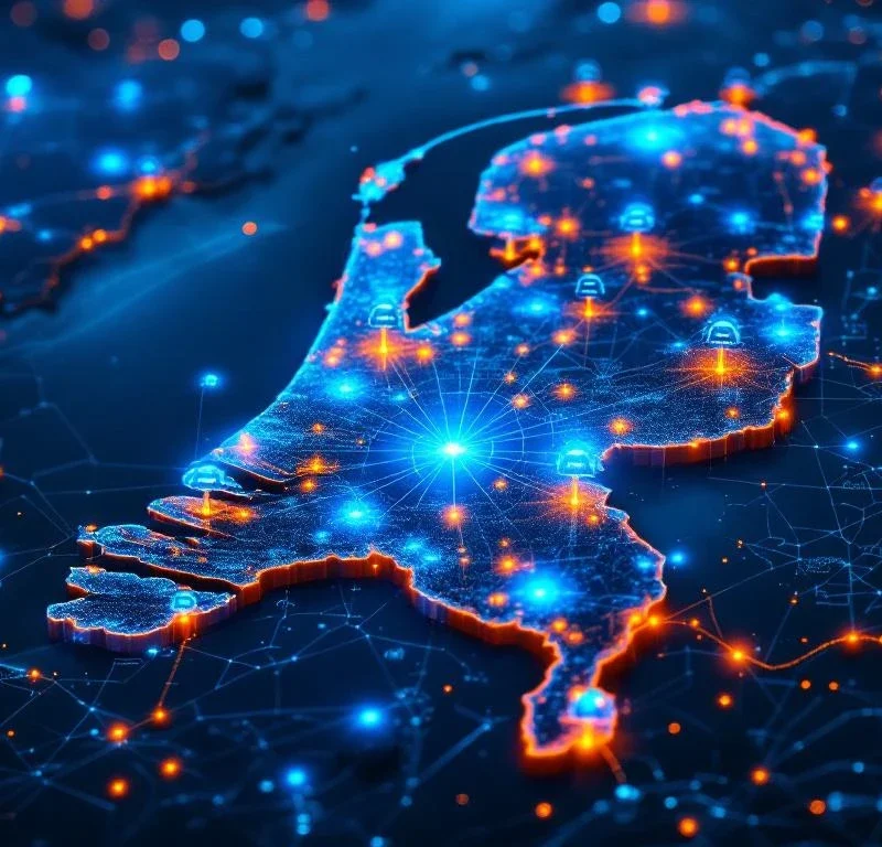 Luchtfoto van Nederland met beveiligingsnetwerk overlay in blauw en oranje, verbonden monitoringstations in grote steden