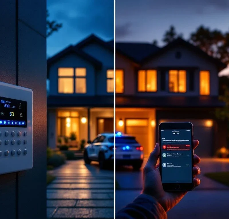 Vergelijking professionele beveiligingsmonitoring versus doe-het-zelf alarmsysteem in modern huis met dramatische verlichting