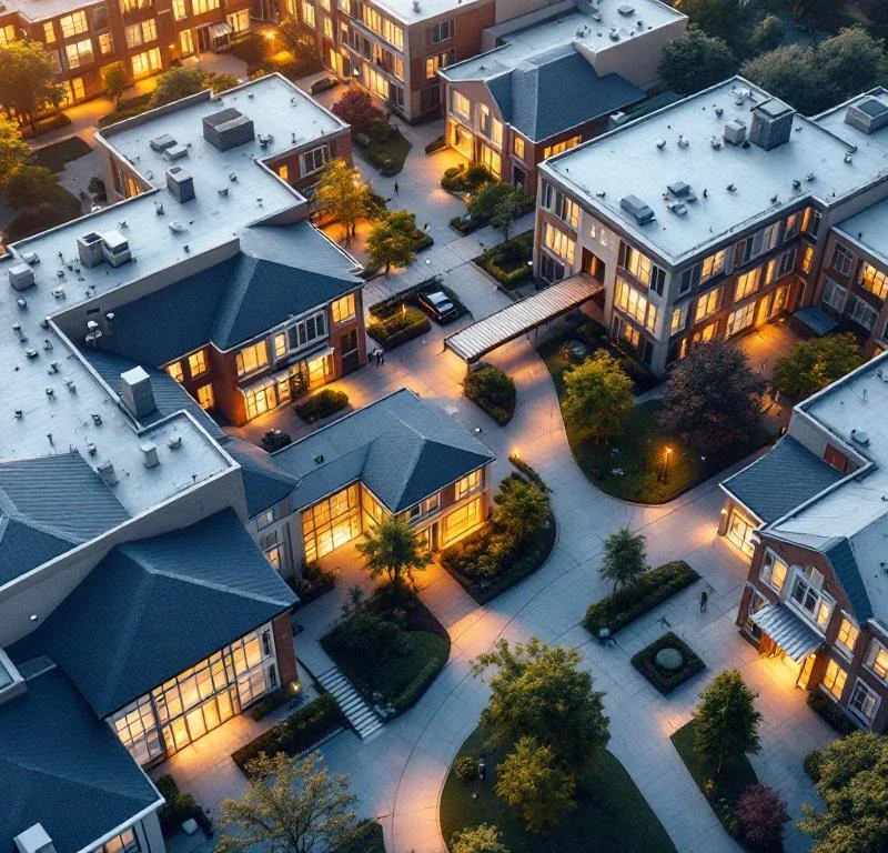 Luchtfoto van moderne schoolcampus met beveiligingscamera's, toegangscontrole en verlichte paden in blauw-wit kleurenschema