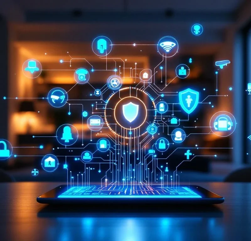 Smart home beveiligingspaneel met blauwe interface toont alarmstatus, omringd door holografische iconen van camera's en sensoren