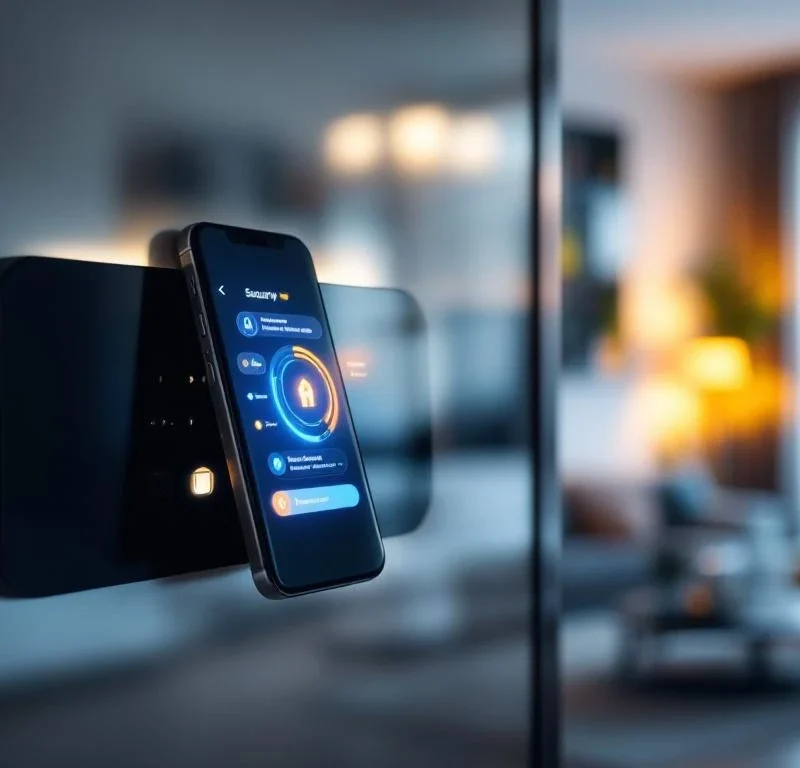 Smartphone met beveiligingsapp en gloeiende meldingen op modern thuisbeveiligingspaneel in hedendaags interieur