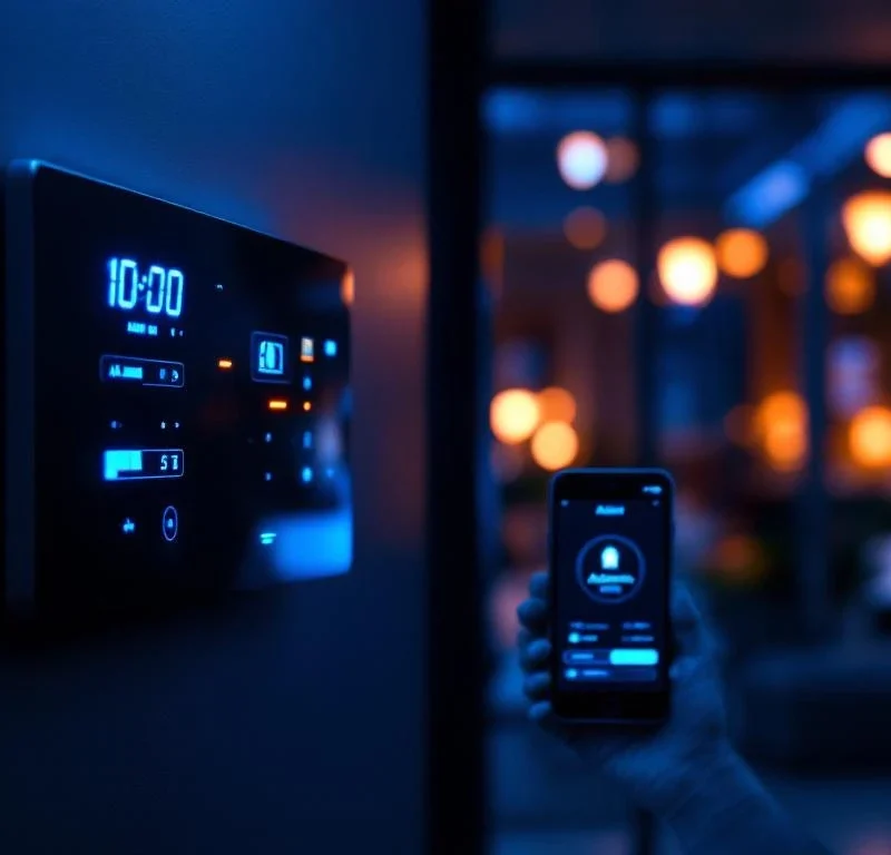 Moderne beveiligingspaneel met LED-indicators naast smartphone met beveiligingsapp, verlicht door blauw en amber licht