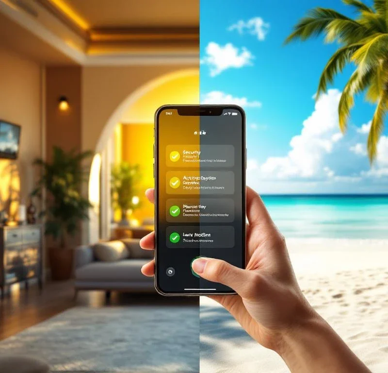 Smartphone toont beveiligingssysteem meldingen tussen luxe interieur met sensoren en tropisch strandvakantie tafereel
