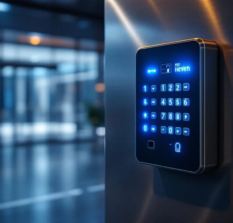 Moderne toegangscontrolepaneel met keypad, RFID-lezer en vingerafdrukscanner op metallic muur bij kantoorgebouw