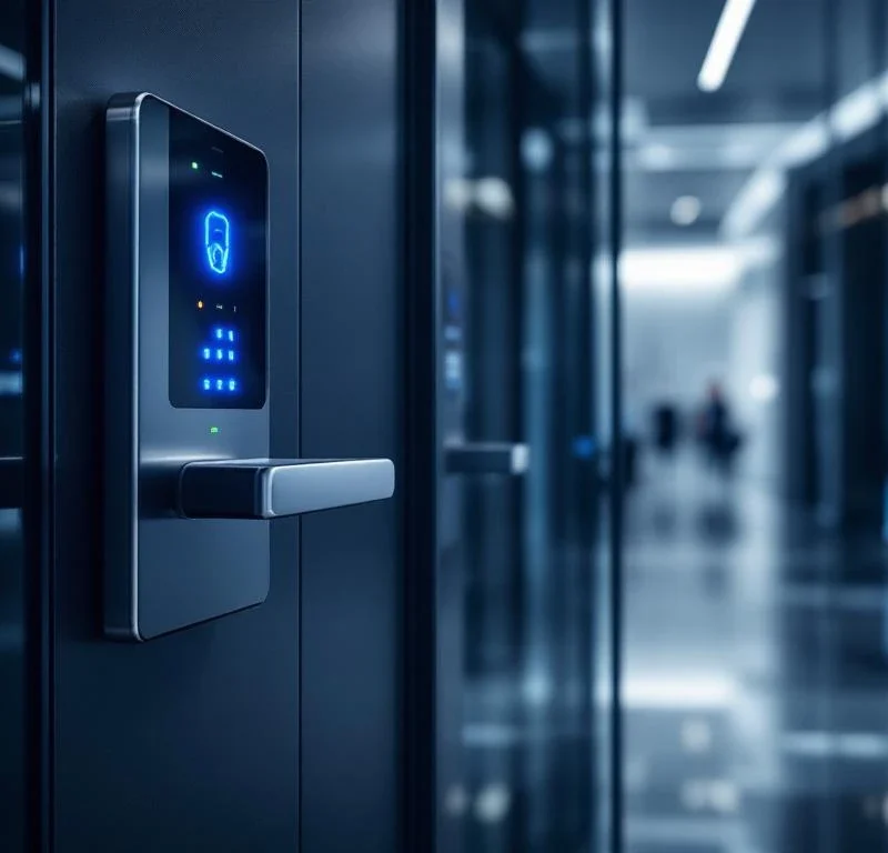 Moderne kantooringang met keycard toegangspaneel, vingerafdrukscanner en gezichtsherkenning in zakelijke lobby