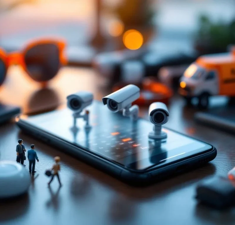Smartphone met kalender-app toont vakantiedatums, omringd door miniatuur beveiligingscamera's en Marshall Security voertuig