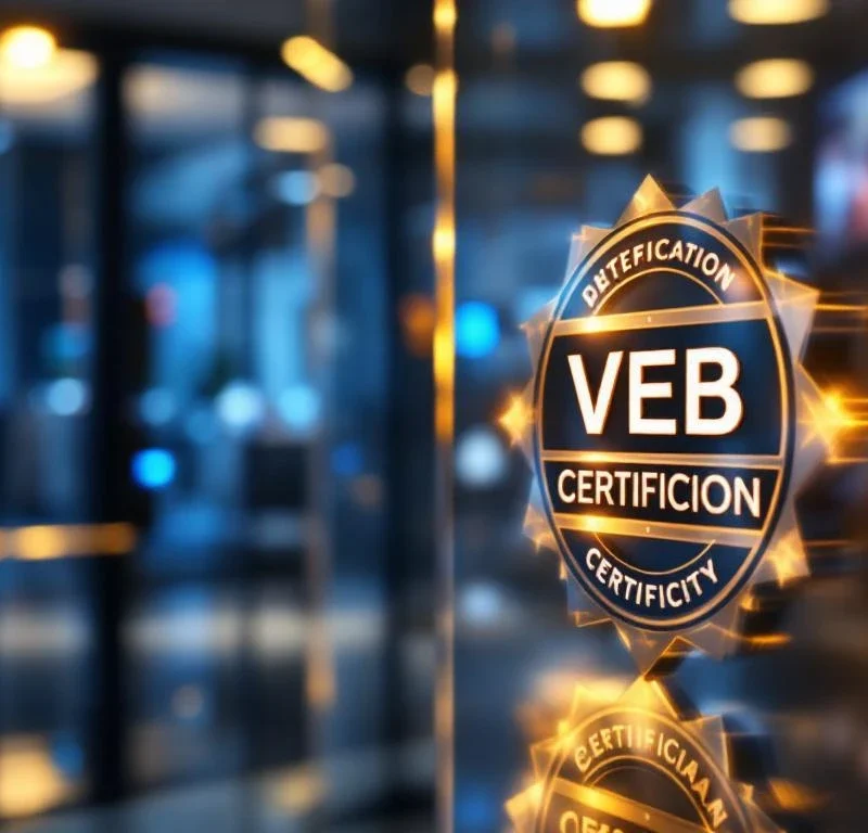 VEB certificatiebadge op glazen oppervlak met moderne kantoorbeveiliging op achtergrond in gouden verlichting