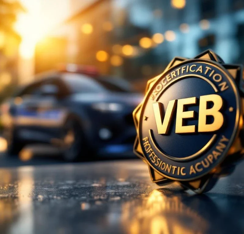 VEB certificatiebadge op donkere ondergrond met beveiligingsbedrijf en voertuig op achtergrond in gouden zonlicht