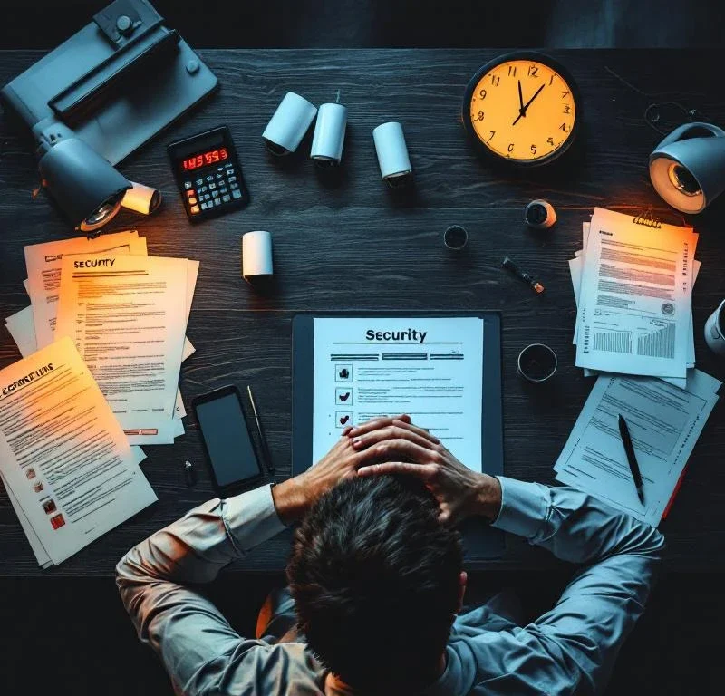 Gefrustreerde ondernemer houdt hoofd vast aan bureau met beveiligingsdocumenten, calculator en camera modellen
