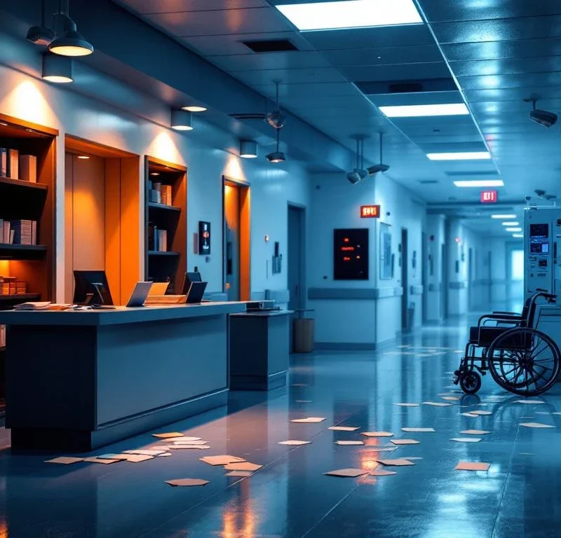Ziekenhuisgang met beveiligingsrisico's: onbeheerde receptie, open medicijnkast, geopende nooduitgangen en waarschuwingslichten