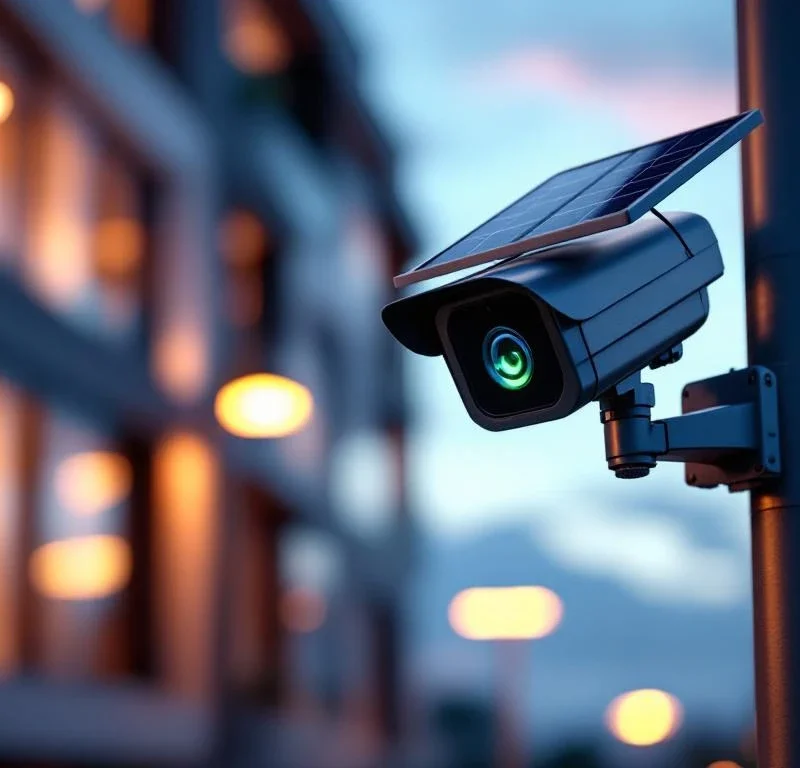 Moderne zonnepaneel beveiligingscamera op metalen paal met groene LED-indicator bij schemering met verlichte gebouwgevel