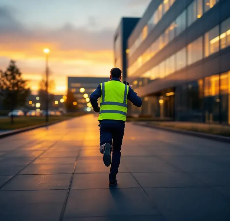 Beveiliger in gele reflecterende vest rent dringend over betonpad naar verlicht kantoorgebouw tijdens gouden uur