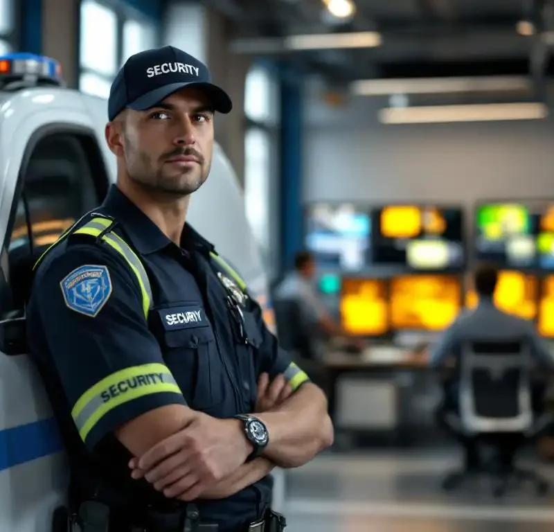 Beveiligingsmedewerker in uniform naast witte patrouillevoertuig terwijl collega bewakingsschermen monitort in moderne controleruimte