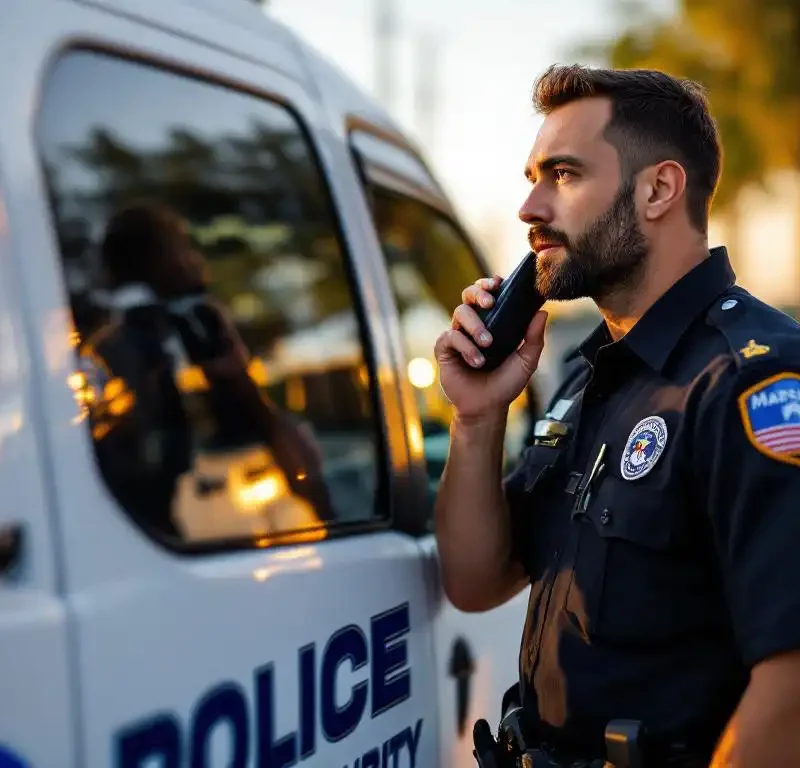 Beveiligingsmedewerker in Marshall Security uniform communiceert via portofoon naast witte patrouillevoertuig tijdens gouden uur