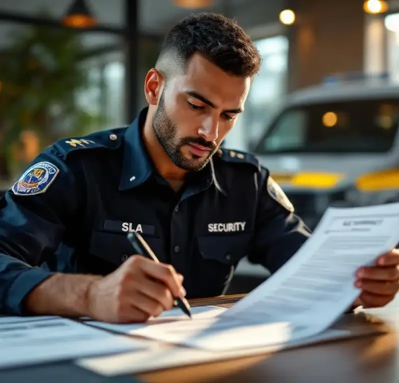 Beveiligingsbeambte in donkerblauw uniform bestudeert SLA-contract aan modern bureau met patrouillevoertuig op achtergrond