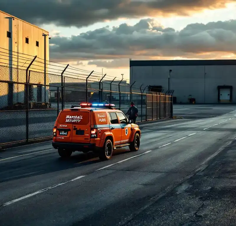 Oranje Marshall Security patrouillevoertuig geparkeerd bij industrieel complex terwijl beveiligingsmedewerker perimeter controleert