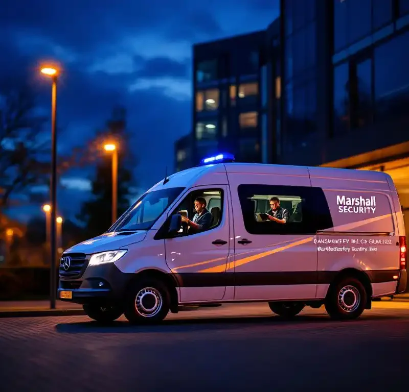 Witte Marshall Security patrouillewagen geparkeerd voor modern kantoorgebouw bij schemering met beveiligingsmedewerker