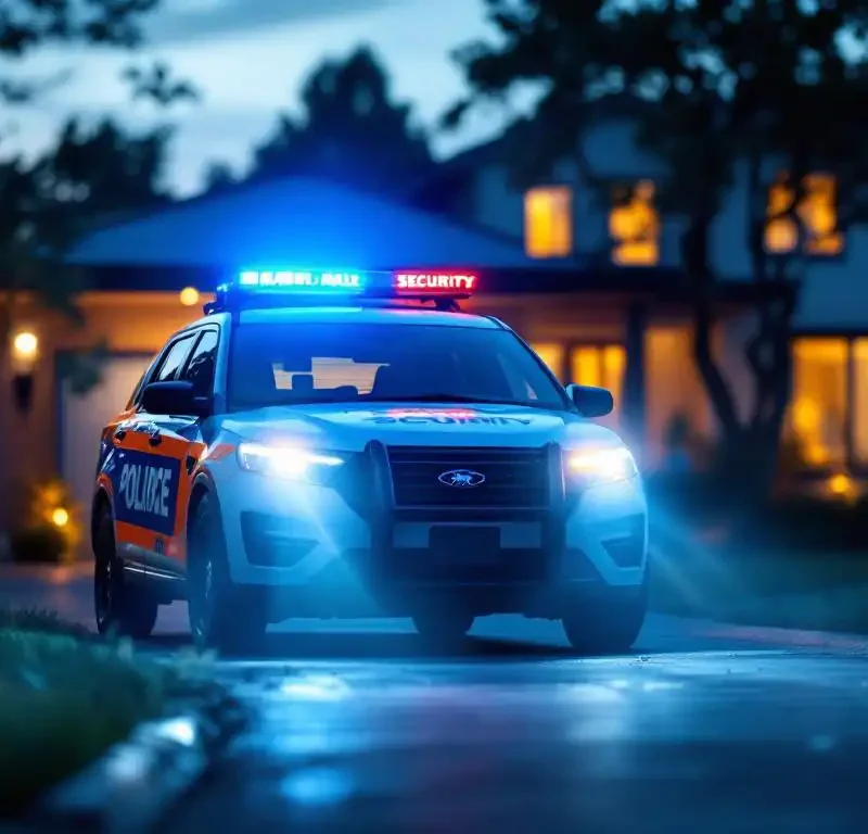 Marshall Security patrouillevoertuig met oranje en blauwe markeringen geparkeerd bij moderne woning tijdens schemering