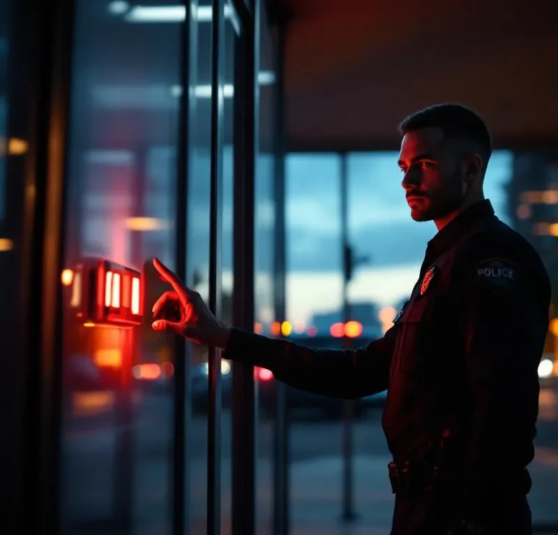 Beveiligingsbeambte in donker uniform activeert rood alarmpaneel bij glazen kantoorgebouw ingang tijdens schemering