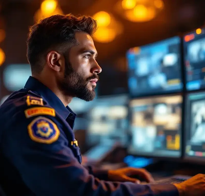 Gecertificeerde beveiligingsbeambte in uniform bewaakt meerdere surveillanceschermen in moderne controlekamer met amber verlichting