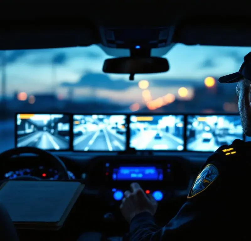 Beveiligingsbeambte monitort smartphone-schermen met live camerabeelden in moderne surveillancewagen bij schemering