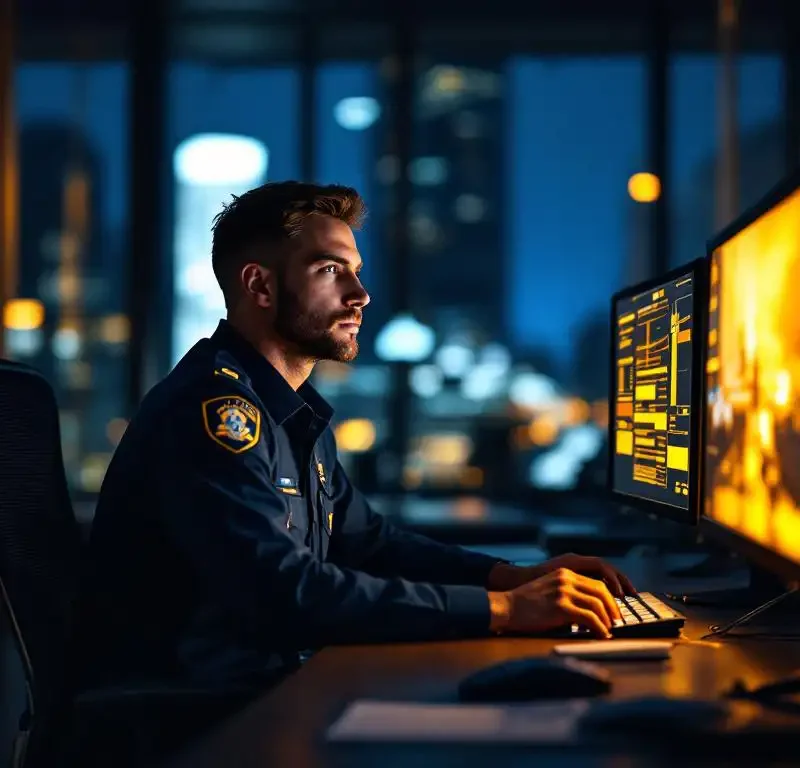 Beveiligingsmedewerker monitort bewakingsschermen in moderne controlekamer 's nachts met stadsverlichting op achtergrond