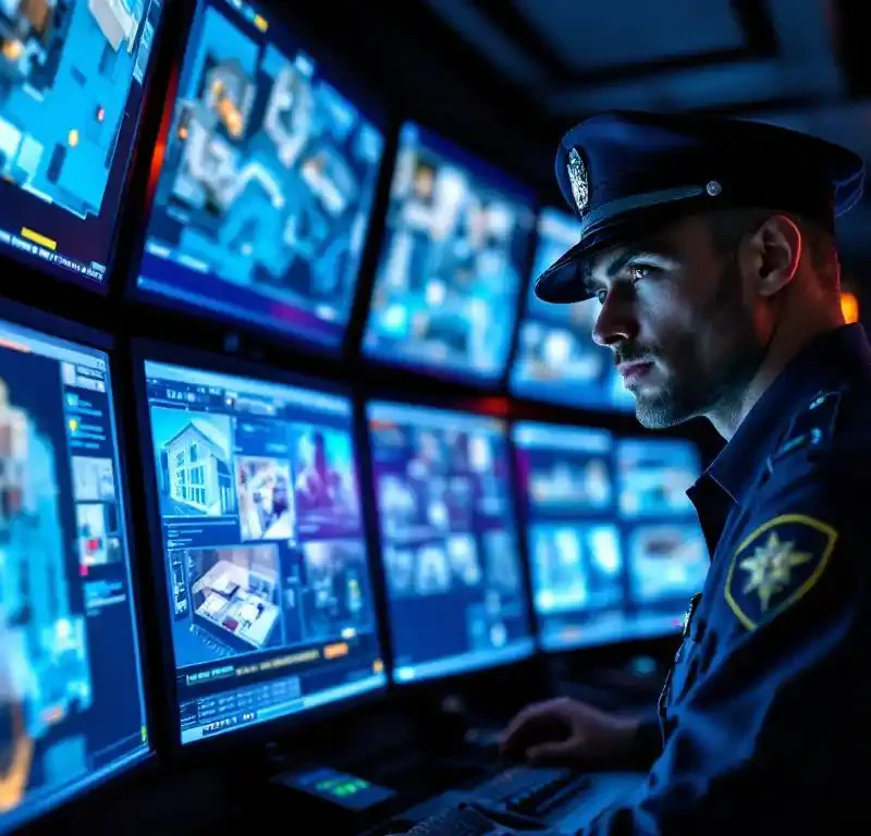 Beveiligingsbeambte in uniform bestudeert verlichte bewakingsmonitoren met plattegronden en camerabeelden in moderne controlekamer