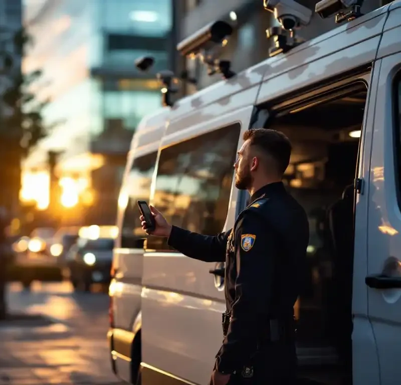 Beveiligingsmedewerker inspecteert witte bewakingsvan met camera's voor modern kantoorgebouw tijdens gouden uur