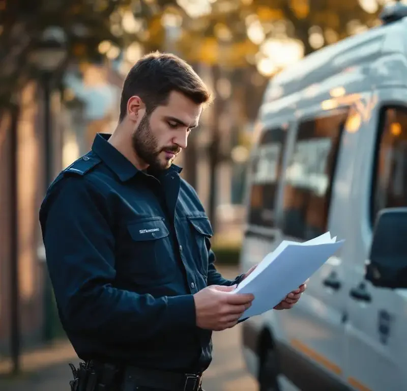 Beveiligingsbeambte in donkerblauw uniform bestudeert juridisch document naast witte surveillancewagen op Nederlandse woonstraat