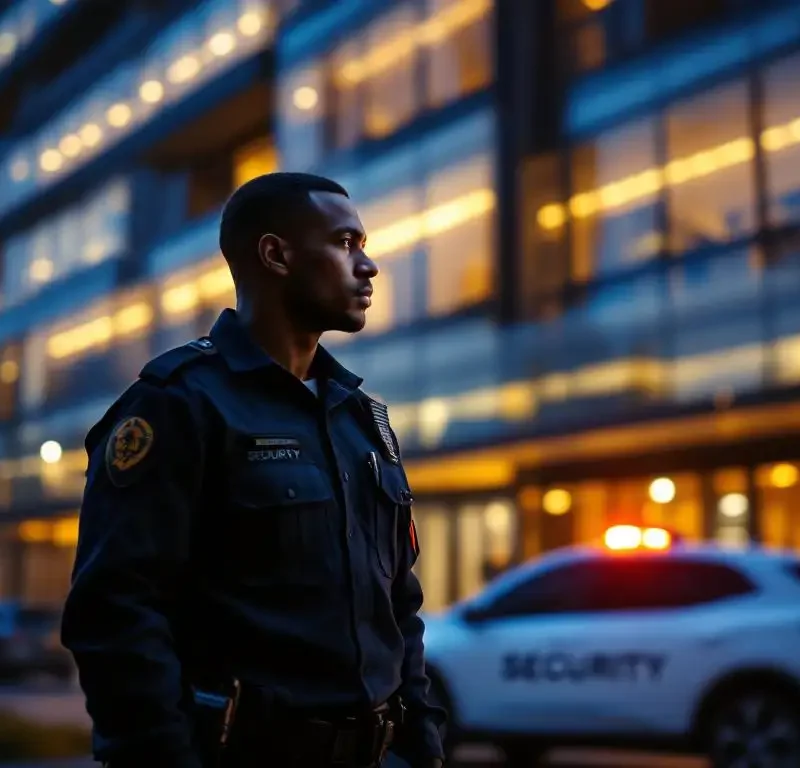 Beveiligingsbeambte in donker uniform loopt langs modern kantoorgebouw bij schemering, witte beveiligingsauto met oranje lichten geparkeerd