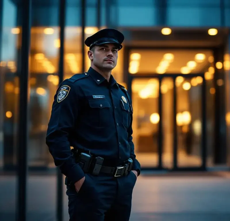 Professionele beveiligingsbeambte in donkerblauw uniform bij moderne kantoorgebouw ingang tijdens schemering, radio aan riem zichtbaar