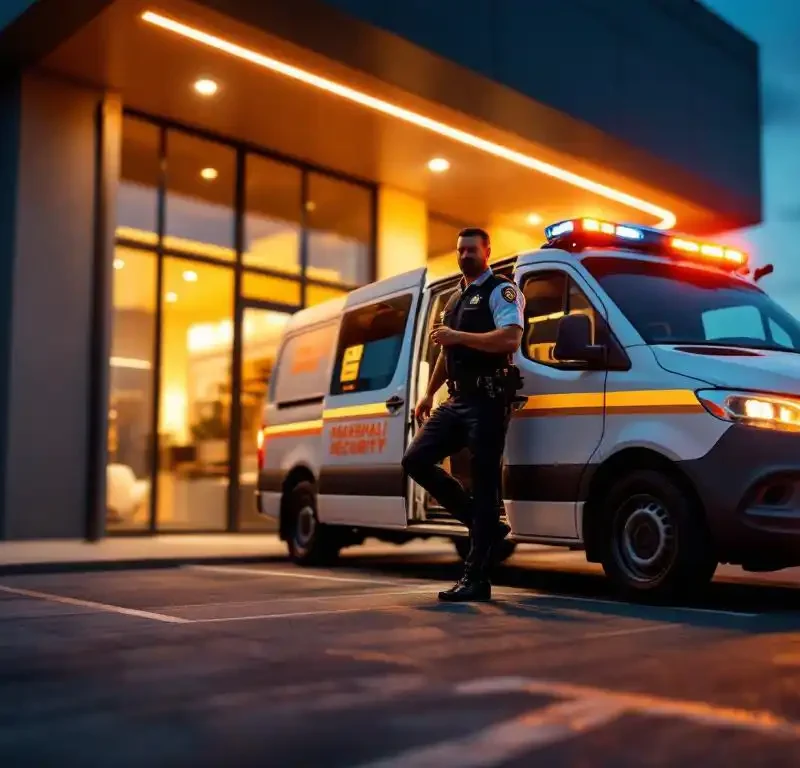 Beveiligingsbeambte in Marshall Security uniform stapt uit witte patrouillevoertuig met oranje markeringen bij kantoorgebouw tijdens schemering