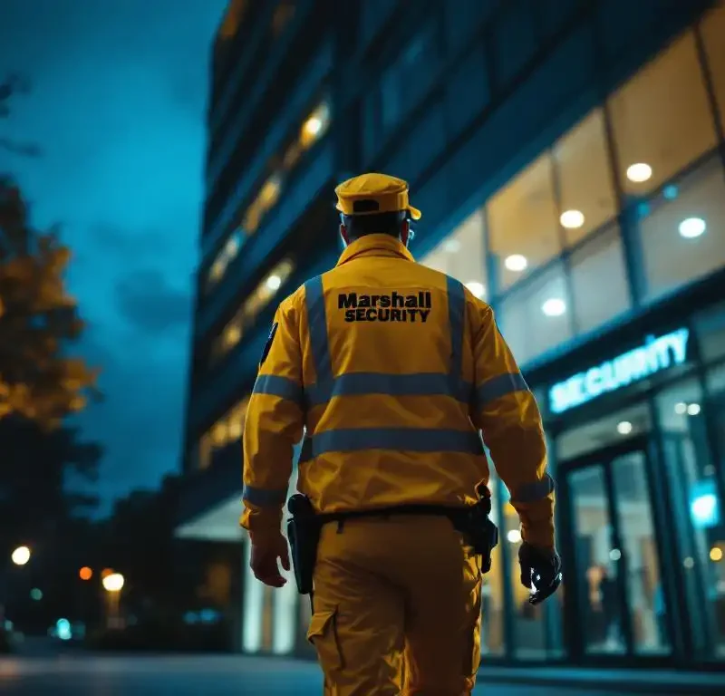 Beveiligingsbeambte in geel uniform loopt 's nachts naar kantoorgebouw met rode alarmverlichting