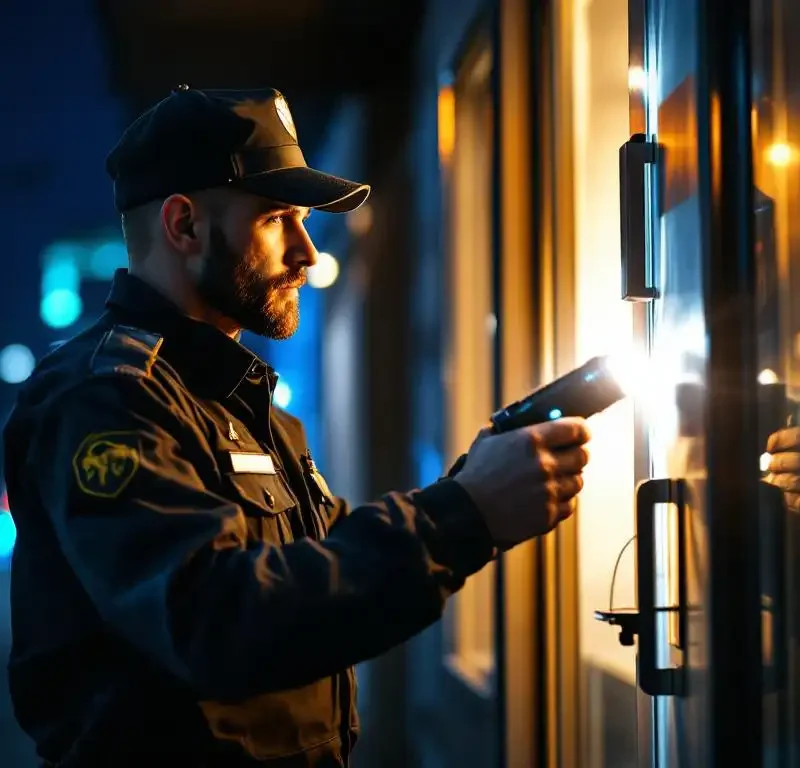 Beveiliger in uniform controleert 's avonds deursloten van modern kantoorgebouw met LED-zaklamp