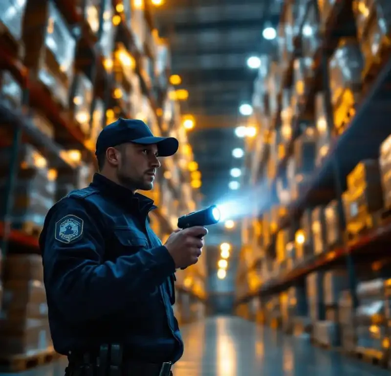 Beveiligingsbeambte inspecteert 's nachts industrieel magazijn met zaklamp tussen hoge stellingen en pallets