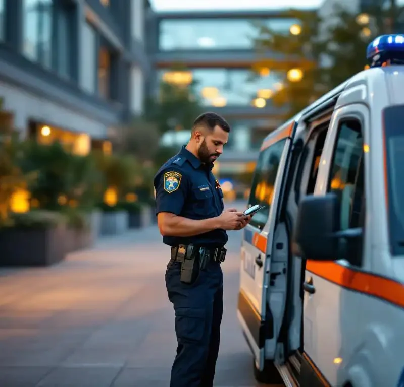 Beveiligingsbeambte in marineblauw uniform stapt uit witte patrouillevoertuig en controleert handheld apparaat bij moderne kantoorcomplex tijdens schemering