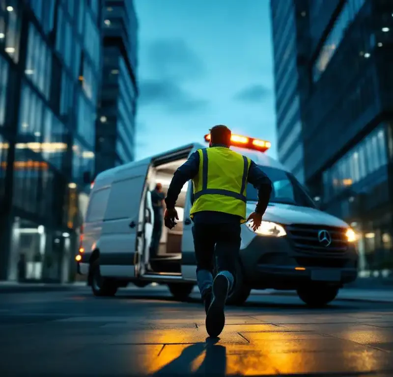 Beveiliger in gele reflecterende vest rent naar witte surveillancewagen met zwaailichten bij modern kantoorgebouw